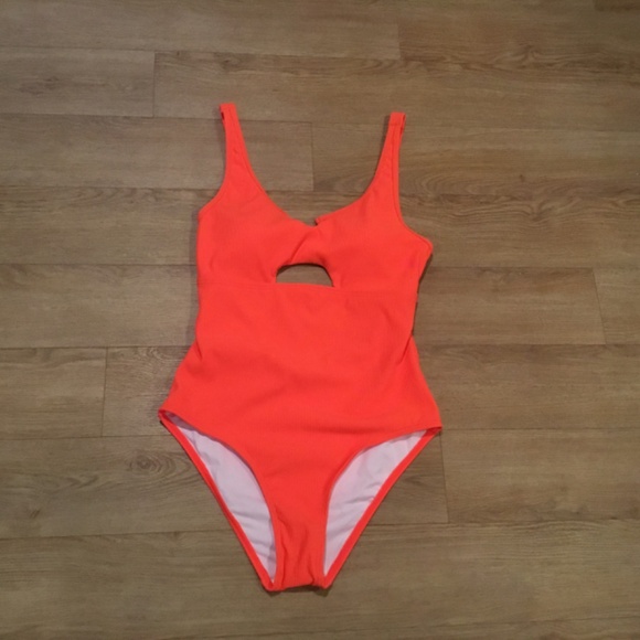 Women’s Orange Ribbed Cutout Scoop One Piece Bathing Suit - Picture 6 of 8